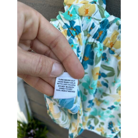 Mine Ruffle, Flowy, Ruched Tank Top,‎ Turquoise, Yellow, White, Size: Large - Picture 6 of 6